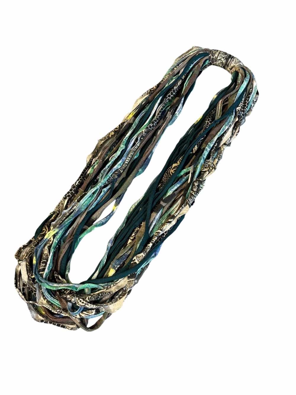 Dona Bela Shreds Multi-Strand Green Black Brown White Fabric Necklace #2255